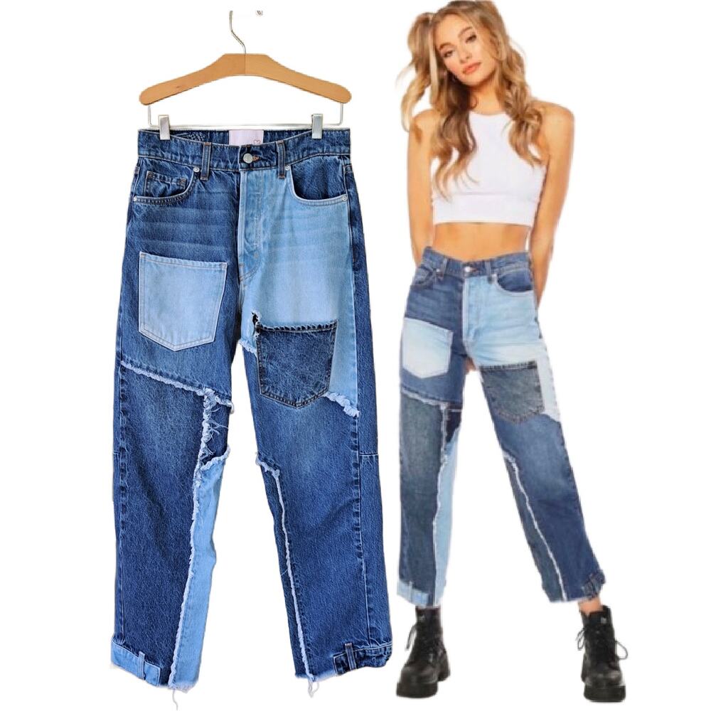 REVICE Love at First Sight Patchwork Straight Leg Jeans Sz 27 High Waist 2-Tone